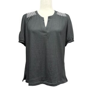 Tribal Easy Breezy Black Knit Top Short Puff Sleeve Embroidered Medium NWT